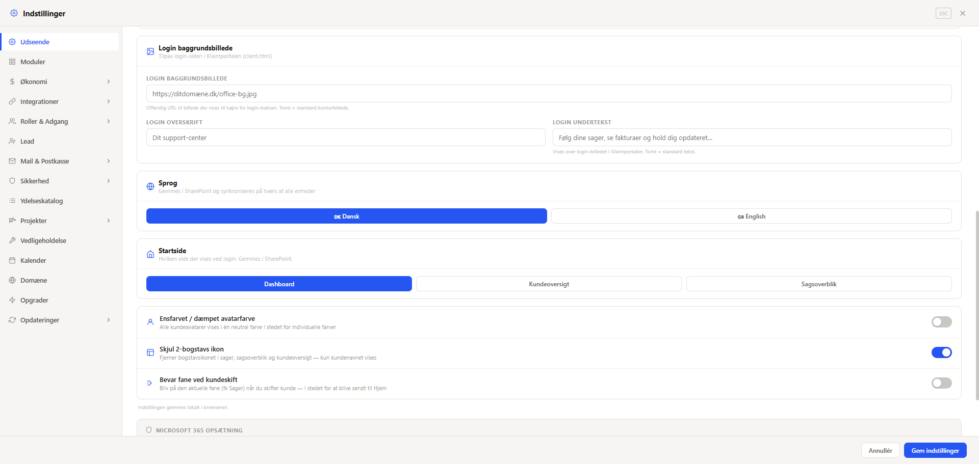 Indstillinger for BetterDesk-kundeportalen med loginbillede, tekster, sprog, startside og visningsvalg