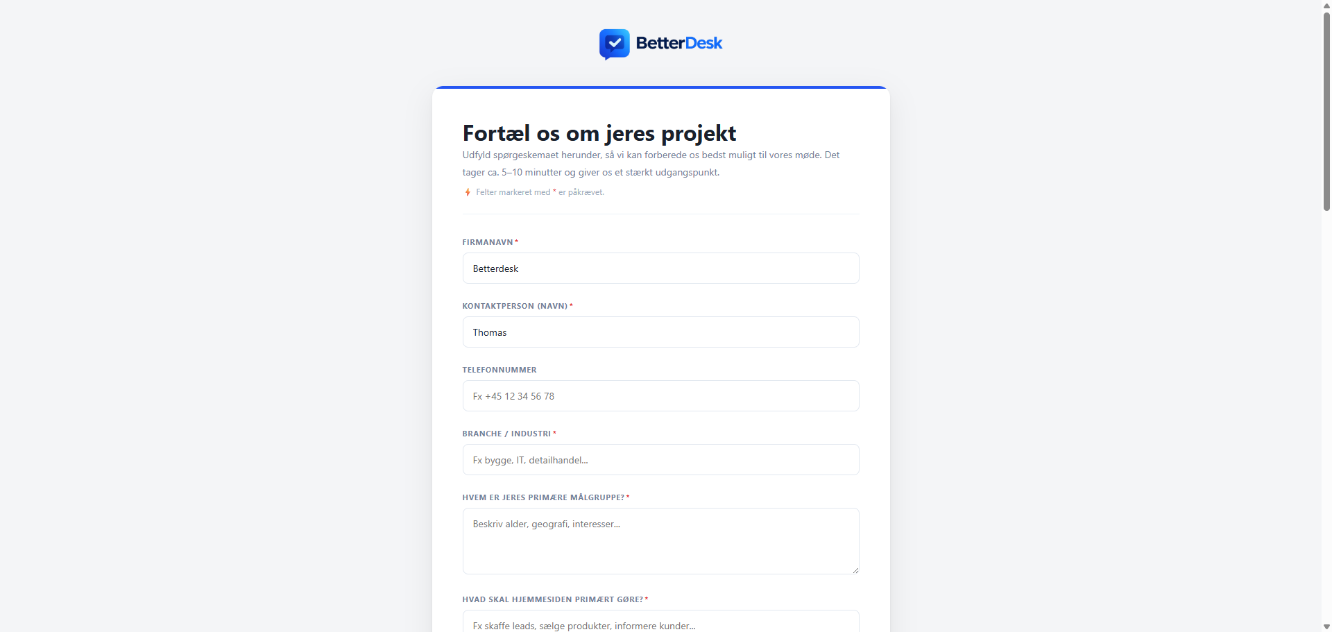 Spørgeskema sendt til mulig kunde i BetterDesk med firmanavn og kontaktfelter