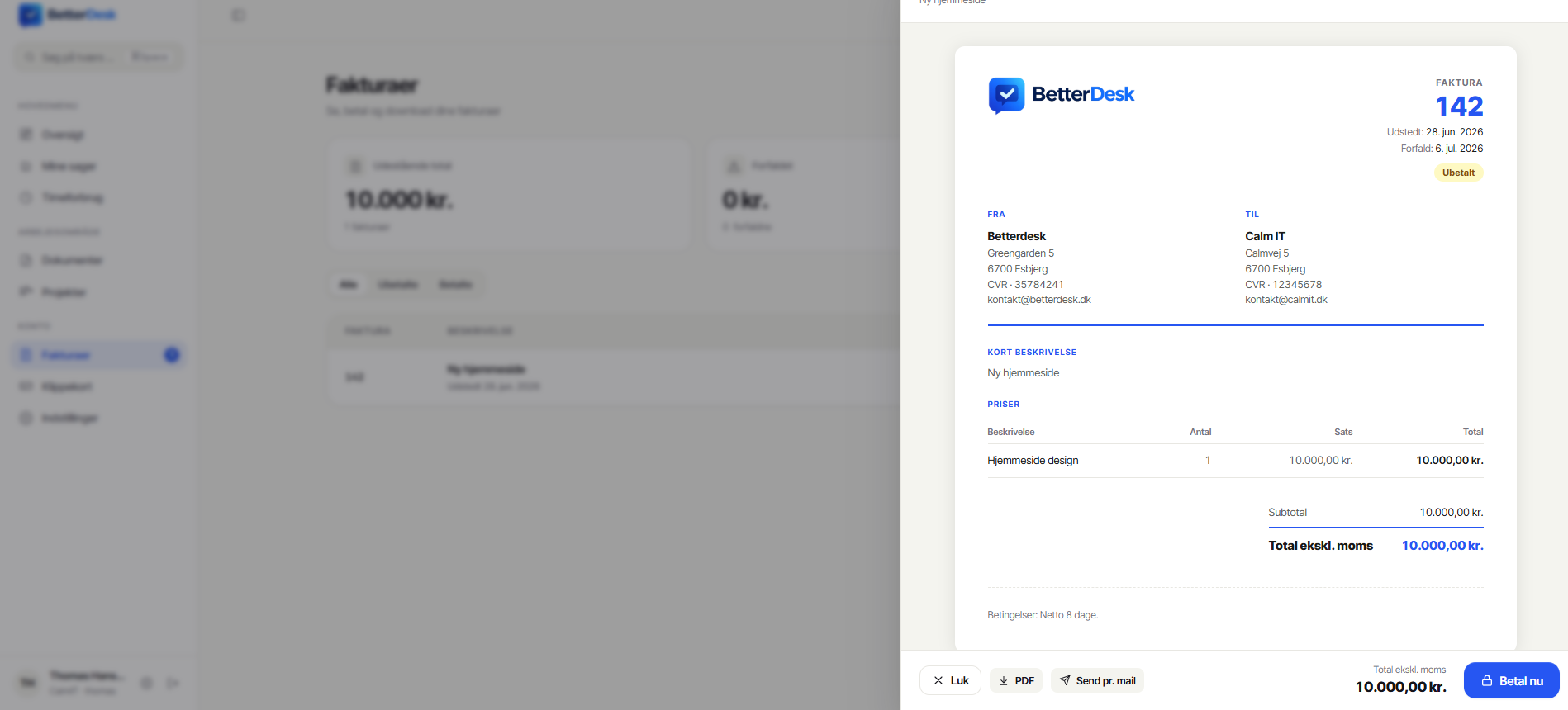 Faktura åben i kundeportalen med linjer, beløb og betalingsknap