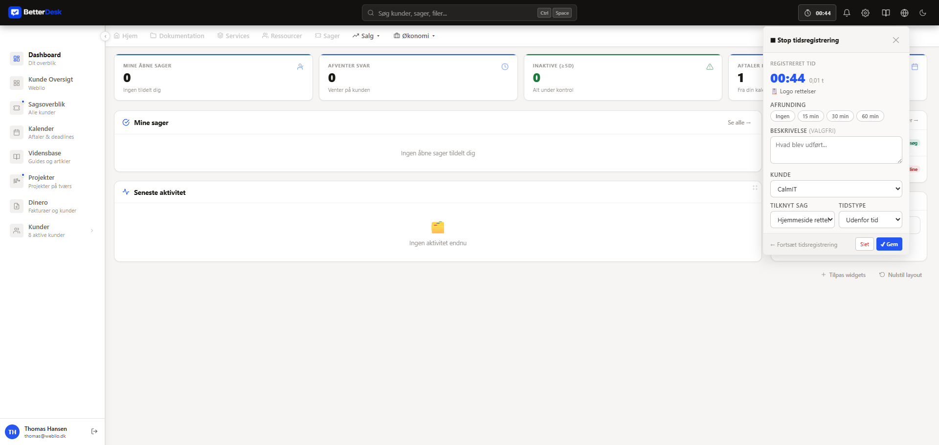 Gem-dialog for tidsregistrering i BetterDesk med afrunding, beskrivelse, kunde og tidstype